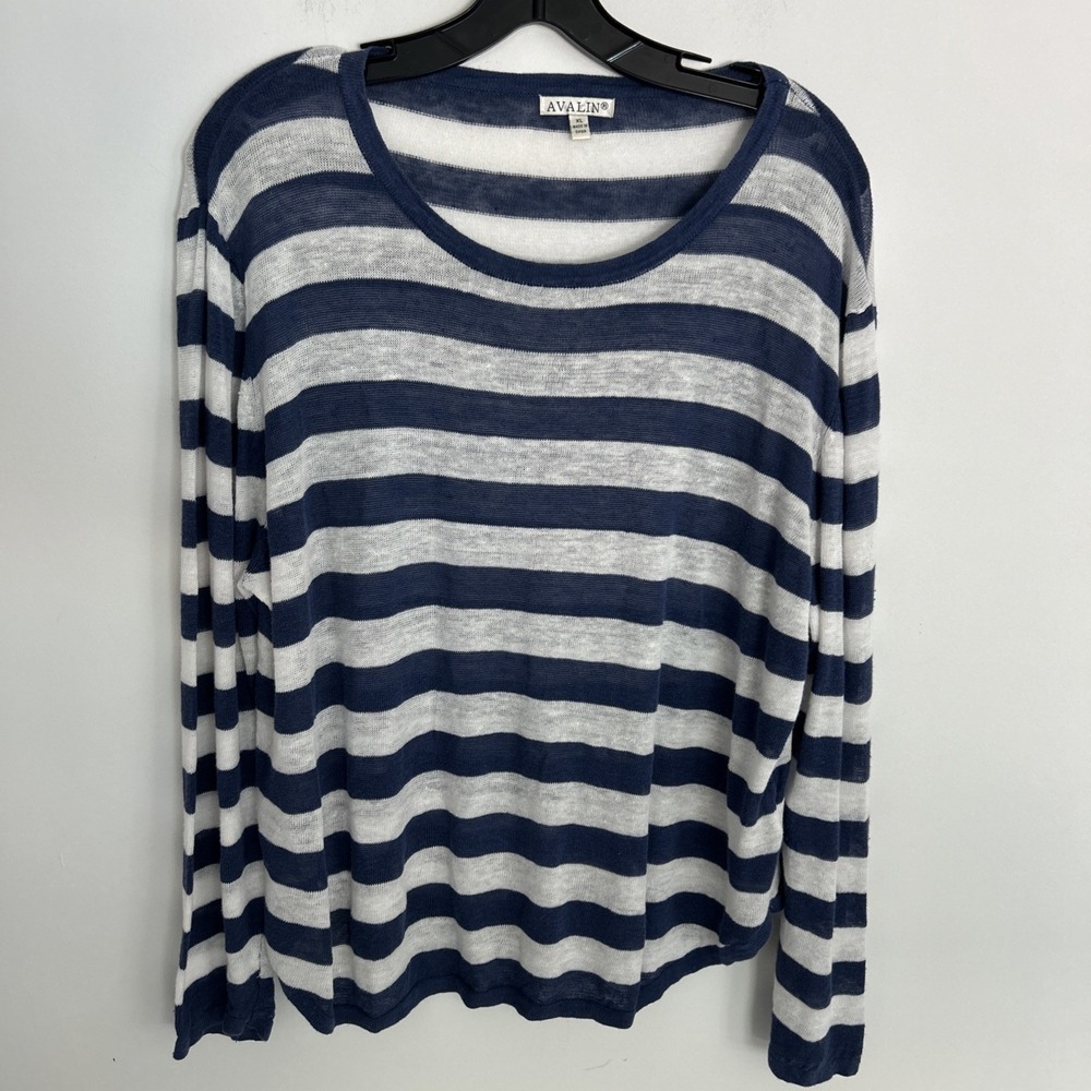 Avalin Women's XL 100% Linen Long Sleeve Round Neck Blue White Stripe